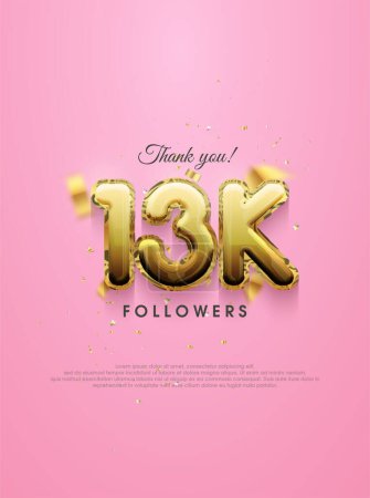Illustration for 13k followers design, with luxury gold numbers for greetings on social media posts. - Royalty Free Image
