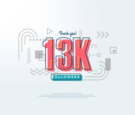 Illustration for Cartoon number thank you 13k followers, soft red color. - Royalty Free Image