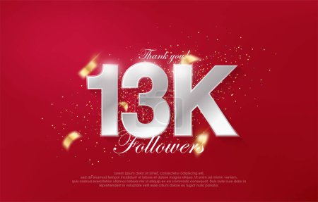 Illustration for 13k followers with luxurious silver numbers on a red background. - Royalty Free Image