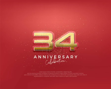 Illustration for 34th anniversary in luxurious gold color. glitter vector premium. Premium vector for poster, banner, celebration greeting. - Royalty Free Image