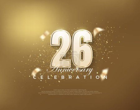 Téléchargez les illustrations : Fête du 26e anniversaire de luxe en or avec des chiffres blancs sur fond or. Vecteur Premium pour affiche, bannière, salutation de célébration. - en licence libre de droit