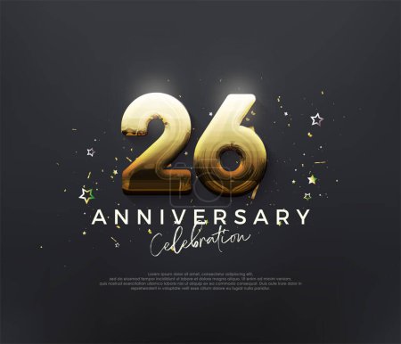 Téléchargez les illustrations : Célébration du 26e anniversaire, avec des chiffres en or brillant sur fond noir. Fond vectoriel Premium pour l'accueil et la célébration. - en licence libre de droit
