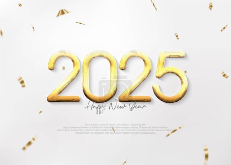Ein frohes neues Jahr 2025 funkelt mit luxuriösen Goldzahlen. Vector Premium Design für eine Neujahrsfeier 2025. Kalender, Poster und Grußkarten-Design.