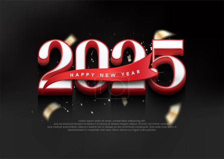 Bonne année 2025 3d, nouvel an salutation avec des numéros 3d et ruban rouge fantaisie.