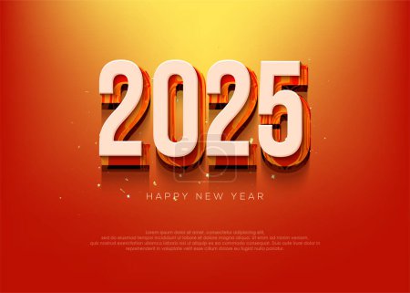 Frohes neues Jahr 2025 mit leuchtend orangefarbenem Hintergrund, Banner-Plakatvektordesign.