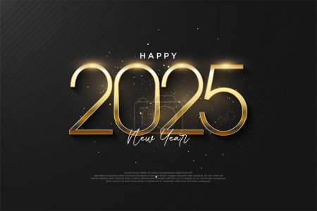 Elegantes números de Año Nuevo 2025 con un toque de color dorado brillante. Diseño moderno vector premium. Diseño para carteles, calendarios y portadas de libros.