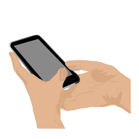 Illustration for Hand holding smartphone. Flat design vector. Phone in hand. Isolated mobile phone icon in the hand. Display blank. Mobile phone mock up screen for your design. Modern digital device template.  Eps 10 - Royalty Free Image