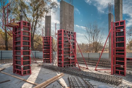 Photo for Vertical formwork panels on the construction of a residential buildin - Royalty Free Image