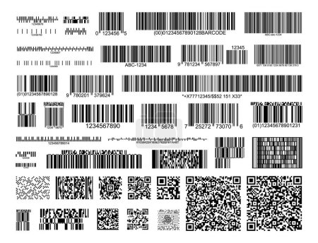 Illustration for Collection of 40 barcodes. Vector linear code, postal code, QR-Code, banking and payments barcode, scan codes for the store, ISBN code. - Royalty Free Image