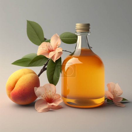 Photo for Apricot oil in a glass bottle. Peach flowers with green leaves.Juicy peach. High quality photo - Royalty Free Image