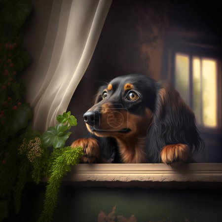 Photo for A black dachshund peeks out of an open window into the street from the house. High quality photo - Royalty Free Image