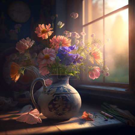 Photo for A vase with wildflowers stands on a wooden table with the rays of the sun from the window. High quality photo - Royalty Free Image