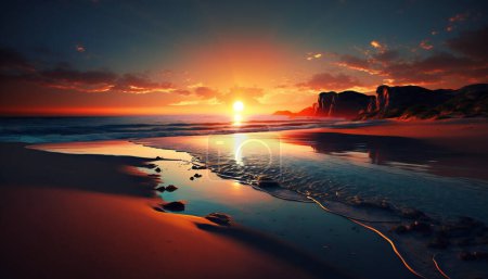 Photo for Sunset on the sandy seashore red sky reflection of the sun in the water. High quality photo - Royalty Free Image