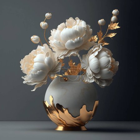 Photo for White blossoming peonies in a porcelain and gold vase stand on a table against a dark background. High quality photo - Royalty Free Image