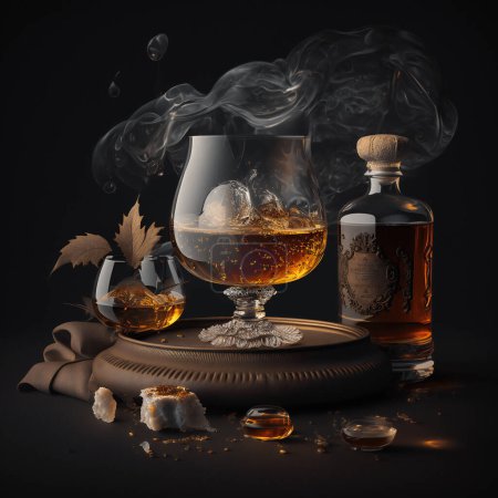 Photo for A glass of whiskey and ice in cigar smoke on a wooden table on a dark background. High quality photo - Royalty Free Image