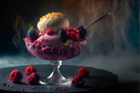 Photo for Scoops of ice cream with fresh berries in a vase on a leg on a dark background. High quality photo - Royalty Free Image