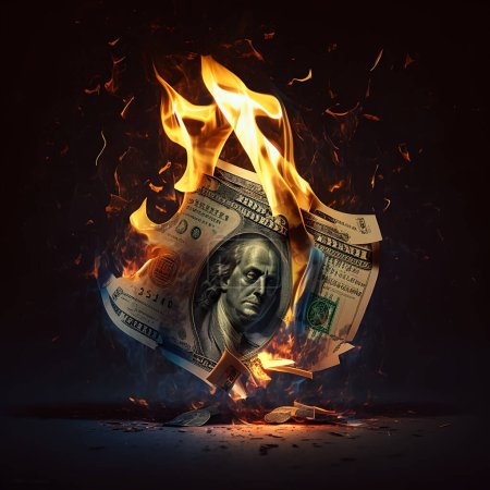 Photo for The banknote of the American dollar is on fire, burning with a bright flame. Unstable economy. Depreciation of the dollar. High quality photo - Royalty Free Image