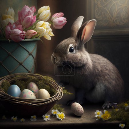 Photo for A rabbit next to a basket of Easter eggs and vases of tulips. Happy Easter. High quality photo - Royalty Free Image