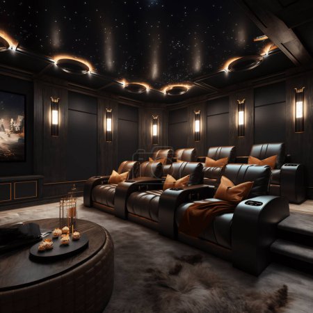 Photo for The interior of a VIP cinema before a closed session of a new film. Leather armchairs, soft pillows. High quality photo - Royalty Free Image