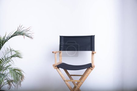 Photo for Black directors chair against a white wall. Make-up chair. Green plant on the background. Film directors chair. High quality photo - Royalty Free Image