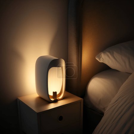 Photo for Night light with soft light on the bedside table next to the bed restful sleep evening interior. High quality photo - Royalty Free Image