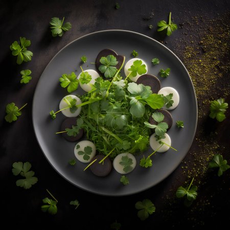 Photo for Green salad with radish beets on a black plate beautiful table setting. High quality photo - Royalty Free Image