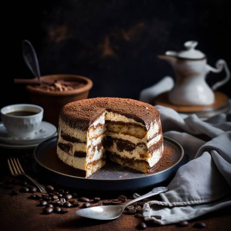 Photo for Tiramisu cake on with tole with cut off piece around cup spoon dark background. High quality photo - Royalty Free Image
