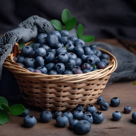 Photo for Bowl basket of fresh blueberries on a wooden table. High quality photo - Royalty Free Image