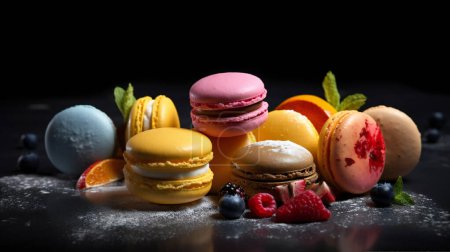 Photo for Colored macaroon with raspberries on a black background yellow pink blue. High quality photo - Royalty Free Image