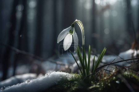 Photo for White snowdrop in a clearing in the forest in the rays of the morning sun spring flower. High quality photo - Royalty Free Image
