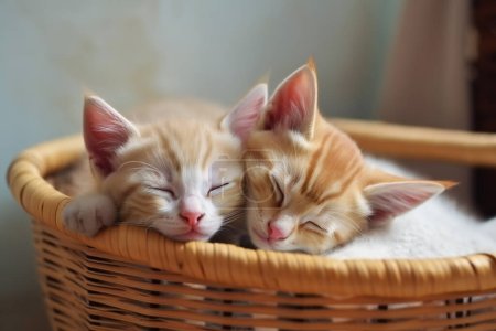 Foto de Dos gatitos rojos duermen suavemente en una cesta sobre una almohada. Foto de alta calidad - Imagen libre de derechos