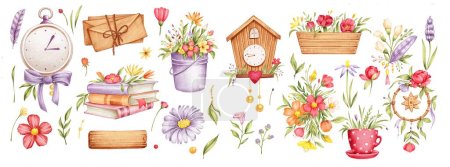 Photo for Spring flowers in pots, watercolor painting. Floral illustration isolated on white. Perfectly for stickers, poster, greeting design. Books, envelopes, clock. - Royalty Free Image