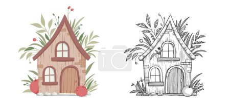 Small houses, garden flowers and trees. Perfect for scrapbooking, poster, tag, sticker kit , greeting cards, party invitations. Hand drawn vector illustration.