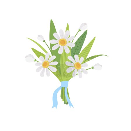 Floristic composition of beautiful garden and meadow flowers with blue ribbon. Elegant bouquet of wildflowers. Bunch of white flowers, anemones, craspedia. Flat vector cartoon illustration isolated on