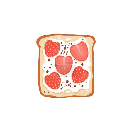 Sweet strawberry and peanut butter toast. Open fruit sandwich with chocolate paste and caramel topping on grilled square bread. Breakfast food. Flat vector illustration isolated on white background