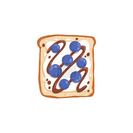 Sweet blueberry and peanut butter toast. Open fruit sandwich with chocolate paste and caramel topping on grilled square bread. Breakfast food. Flat vector illustration isolated on white background