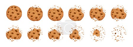 Téléchargez les illustrations : Biscuit au chocolat. Crunch biscuits bruns maison cassés avec des miettes. Dessin animé cuit rond choco biscuits mordent ensemble vecteur d'animation. Illustration animation disparaissent choco miettes boulangerie - en licence libre de droit