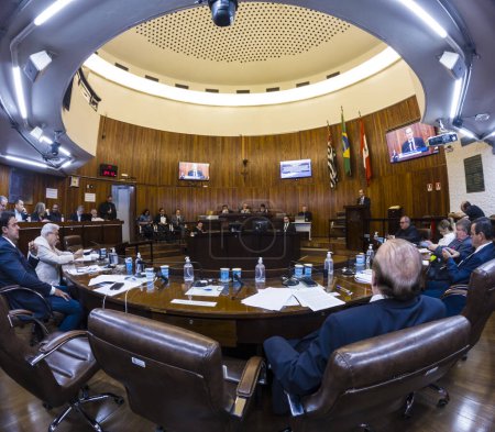 Photo for Marilia, Sao Paulo, Brazil, October 02, 2023: Internal view of the plenary session of the Marilia City Council, in a circular format for the 13 councilors are positioned. - Royalty Free Image