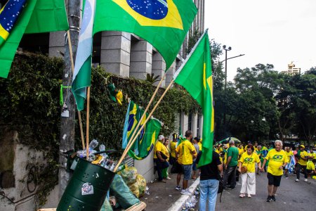 Photo for Sao Paulo, SP, Brazil. February 25, 2024. Supporters of Jair Bolsonaro held a rally on Paulista Avenue, in Sao Paulo Brazil - Royalty Free Image