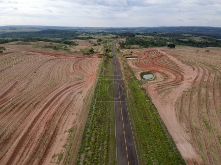 Vue aérienne par drone d'un terrain avec un champ de café nouvellement planté traversé par une route rurale pavée, dans l'État de Sao Paulo, Brésil