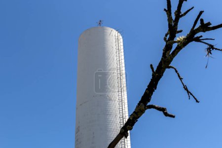 Zylindrischer Wassertank und ein trockener Zweig mit blauem Himmel in Brasilien