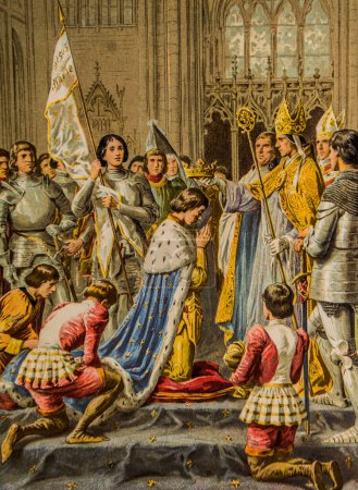 The coronation of Charle VII, engraving by T.Lix, story of Jeanne d'Arc by Louis Moland, Publisher Garnier FRERES 1895