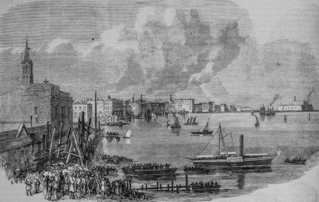 Installation of a submarine cable in the port of Alexandria, the illustrious universe, Publisher Michele Levy 1869