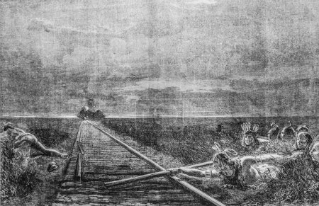 Ein Hinterhalt von Indianern auf der Eisenbahnstrecke des Pazifischen Ozeans, das illustrierte Universum, Verleger Michele Levy 1869