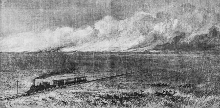 Vereinigte Staaten, Nebraska Ein Konvoi der Pazifikbahn überquert eine Feuerstelle, das illustre Universum, MICHELE LEVY 1869 Verlag