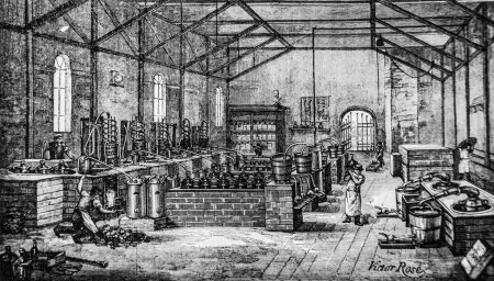 Foto de Atelier du Chloral, Pharmacy Centrazle de France Genevoix, Les Grandes factories de Turgan, Edición Hatier 1888 - Imagen libre de derechos