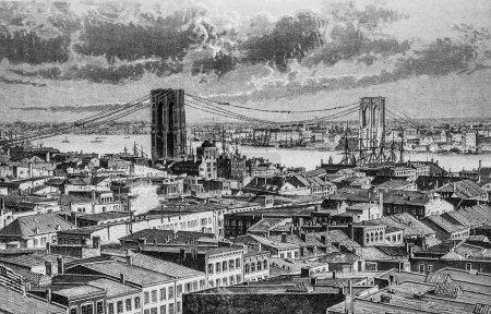Téléchargez les photos : Les travaux du pont de Brooklyn à New York, les grands travaux du siècle par Dumont, Edition Hachette 1895 - en image libre de droit