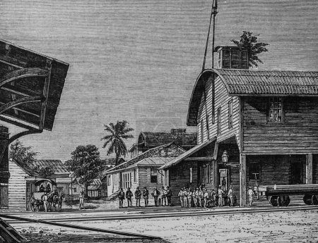 Laz Panama Rail-Road station in Panama, the major works of the century by Dumont, Hachette Edition 1895