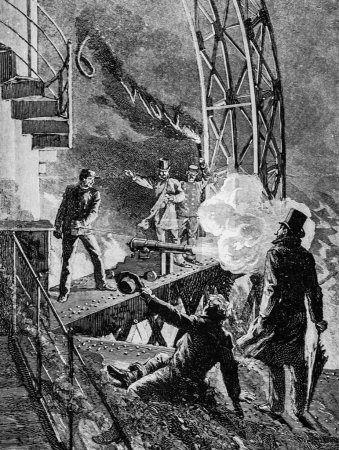 Téléchargez les photos : Tour Eiffel, le dernier coup de canon, les œuvres majeures du siècle par Dumont, Hachette Edition 1895 - en image libre de droit