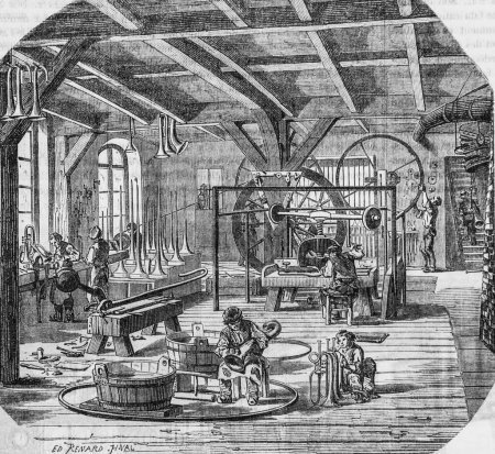 Musikinstrumentenfabrik, Pariser Tisch von Edmond Texier, Verleger Paulin und der Chavalier 1853